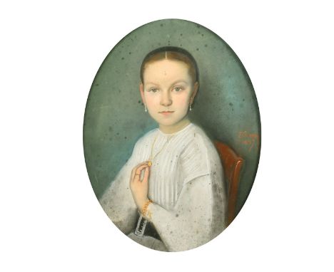 Continental School, circa 1867, a portrait of a young girl seated, gouache, indistinctly signed, 16" x 12" (40 x 30cm) oval.