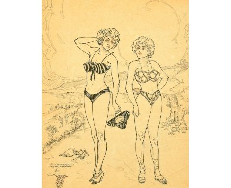 Walter Macdade, circa 1957, an ink drawing of two females in bikinis, signed and dated, 10.75" x 8" (27 x 20cm).