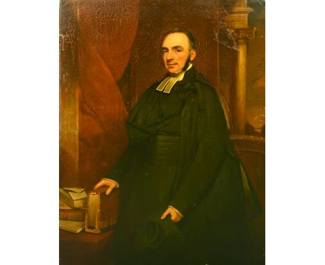 19th Century English School, a portrait of a clergyman amidst drapes and classical architecture, oil on canvas, 57" x 42" (14