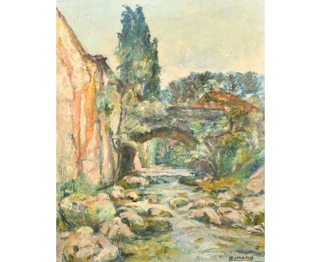 Andre Romand (1899-1981) French, a view of a stone bridge over a boulder-strewn river, oil on panel, signed, 24" x 19.5" (61 