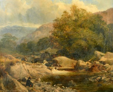 Attributed to Thomas Creswick (1811-1869) British, an angler on a boulder strewn river with an artist sketching in the foregr