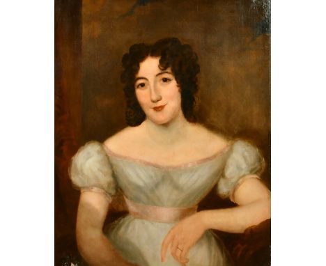 19th Century English School, a portrait of a lady in a white dress with pink sash, oil on canvas, 30" x 25" (76 x 64cm).