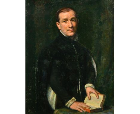 Charles Mendelssohn Horsfall (1865-1942) British, Portrait of a gentleman standing with his hands holding open a book, though