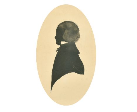 19th Century, a silhouette portrait of a boy, black ink and wash, 6.75" x 4.25" (17 x 11cm), oval.