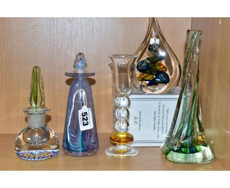 FIVE PIECES OF STUDIO GLASS, comprising a Tim Simon for Uredale Glass conical scent bottle, the stopper with broken section, 