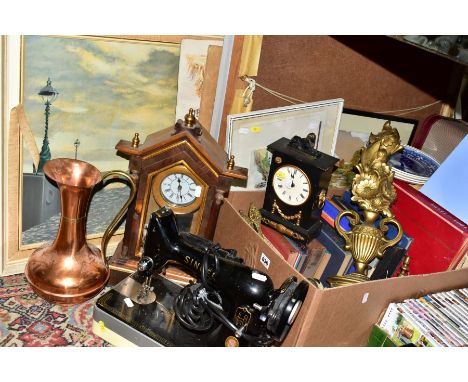 A BOX AND LOOSE SEWING MACHINE, CLOCKS, BOOKS AND SUNDRY ITEMS, to include a Singer 99K sewing machine, approximately twenty 