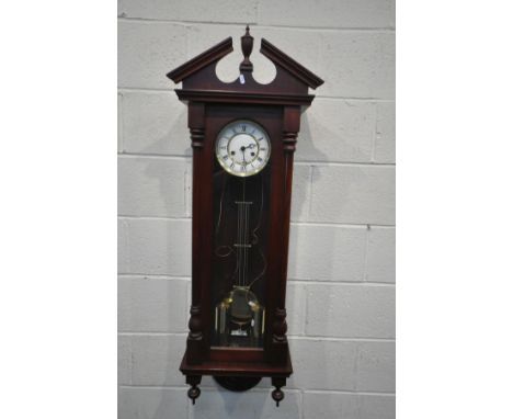 A LATE 20TH CENTURY MAHOGANY VIENNA STYLE WALL CLOCK, the white enamel dial with roman numerals, height 128cm (two weights an