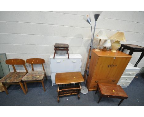 A QUANTITY OF OCCASIONAL FURNITURE, to include a two door cupboard with two drawers (missing handle) a white three drawer bed