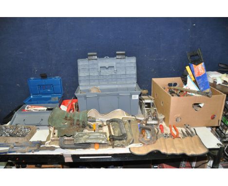 THREE TOOLBOXES AND A TRAY CONTAINING TOOLS including a Record 924 bolt cropper, a Stanley No4 plane, a Stanley block plane, 
