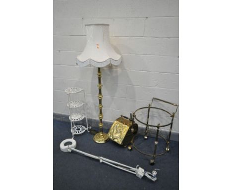A LATE 19TH CENTURY BRASS PURDONIUM WITH COAL SCUTTLE, a brass standard lamp with shade, a brassed circular drinks trolley (m