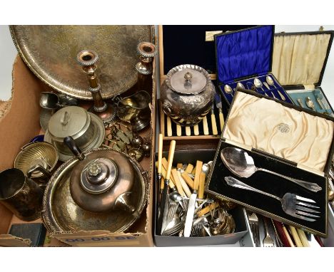 A BOX OF ASSORTED WHITE METAL WARE, to include a basket tray, a pair of silver on copper candlesticks, a large silver-plated 