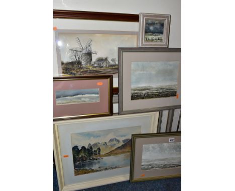 20TH CENTURY PAINTINGS AND PRINTS, comprising Edwin Grieg Hall  'Blea Tarn', signed bottom left, artist label verso dated 196