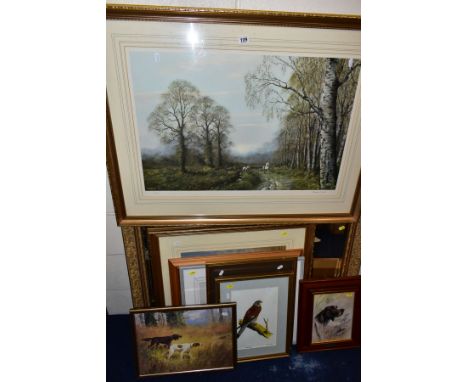 DECORATIVE PICTURES AND A MIRROR, to include a Caesar Smith signed limited edition print with horses and hounds, approximate 