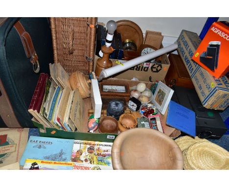 TWO BOXES AND LOOSE SUITCASE, TREEN AND SUNDRY ITEMS, to include a green Antler suitcase, a picnic hamper, a handmade lightho