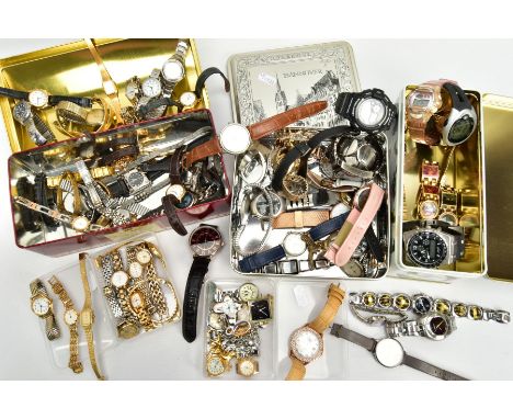 THREE TINS AND TWO SMALL PLASTIC BOXES OF WRISTWATCHES AND FOB WATCHES, ladies and gents watches with names to include 'DKNY,