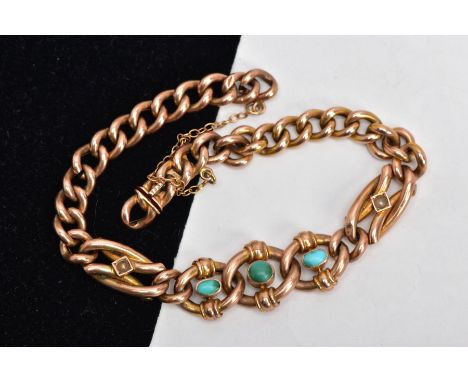 A VICTORIAN GOLD BRACELET, hollow curb link bracelet, centring with three circular links set with small turquoise cabochons, 