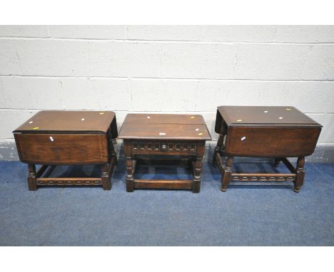 A SMALL OAK LAMP TABLE with a single drawer, width 52cm x depth 35cm x height 40cm, and a pair of small oak drop leaf occasio