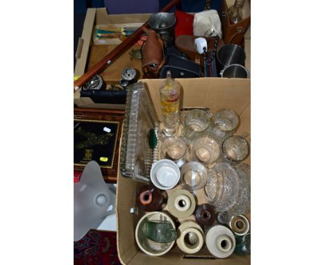 TWO BOXES AND LOOSE METALWARES, GLASS, CAMERAS AND SUNDRY ITEMS, to include cased cameras including an Ilford Sportsman with 