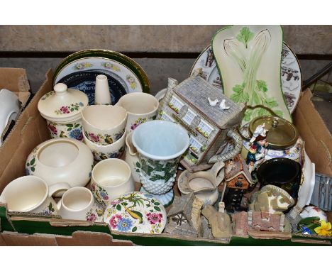 THREE BOXES OF CERAMICS, TREEN AND SUNDRY ITEMS, to include a Royal Albert New Country Roses teacup and saucer, a thirty eigh