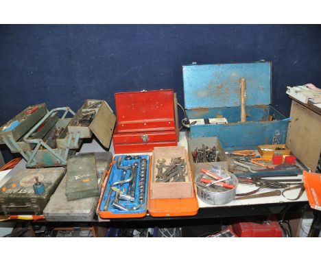 THREE METAL TOOLBOXES AND OTHERS CONTAINING ENGINEERING TOOLS including a Sealey punch set, a Mitutoyo vernier caliper, a Met