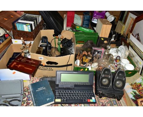 EIGHT BOXES, A SUITCASE AND LOOSE CERAMICS, GLASS, VINTAGE COMPUTER AND ELECTRONICS, CDS AND SUNDRY ITEMS, to include an Amst