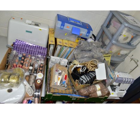 THREE BOXES AND LOOSE SEWING MACHINES AND SUPPLIES, to include a cased Janome Memory Craft 3500 computerised sewing machine, 