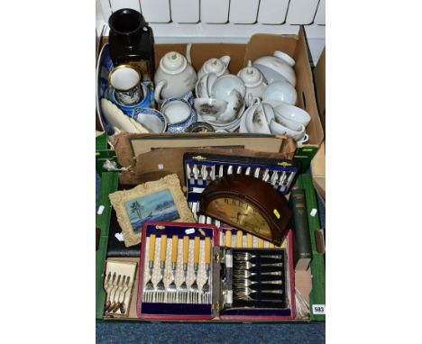 TWO BOXES OF CERAMICS AND FLATWARES ETC, to include six Norwegian silver teaspoons 830 purity, cased EPNS wares, Japanese tea