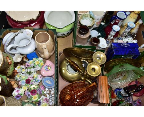 FIVE BOXES AND LOOSE CERAMICS AND GLASSWARES, to include a Sylvac 1115 squirrel and acorn jug in light brown, a Portmeirion o