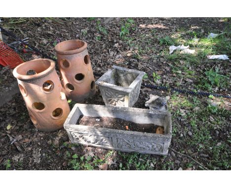 A PAIR OF TERRECOTA STRAWBERRY POTS, diameter 24cm x height 42cm, composite rectangular planter, square tapered planter and a