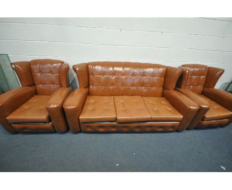 A BROWN LEATHERETTE BUTTONED THREE PIECE SUITE, comprising a three seater wing back sofa, length 182cm, and a pair of wing ba