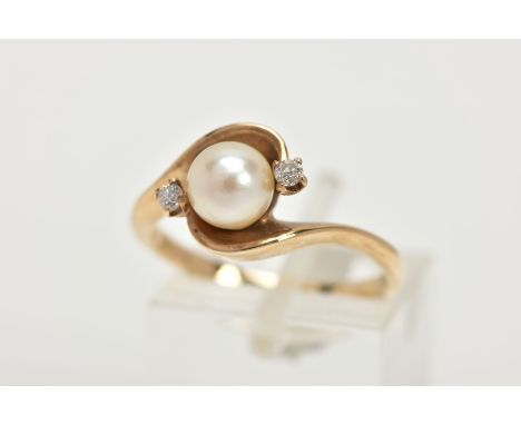 A 9CT GOLD CULTURED PEARL AND DIAMOND RING, a single white cultured pearl with a cream hue, approximate diameter 6mm, accente