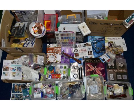 FOUR BOXES OF ASSORTED JEWELLERY MAKING EQUIPTMENT, large quantity of items to include various boxes of beads, thread, tools,