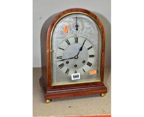 A GUSTAV BECKER DOMED MAHOGANY MANTEL CLOCK, with Roman numerals to the chapter ring, subsidiary chime/silent dial, bevelled 