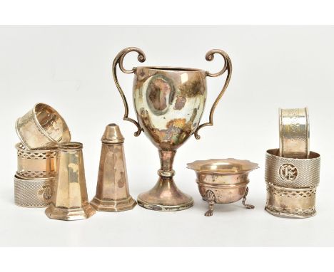 ASSORTED SILVERWARE, to include a set of weighted salt and pepper shakers, hallmarked 'James Deakin &amp; Sons' 1911, a sauce