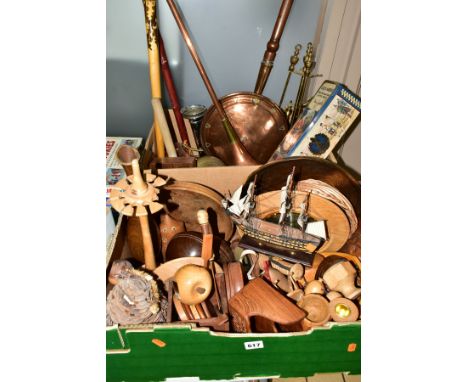 TWO BOXES OF TREEN AND METALWARES, to include a carved and stained Polish walking stick, a brass wall mountable bell, copper 