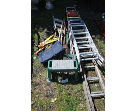 A SET OF DOUBLE EXTENSION 3.5M WOODEN FRAMED LADDERS, two aluminium step ladders, small set of step ladders and a quantity of