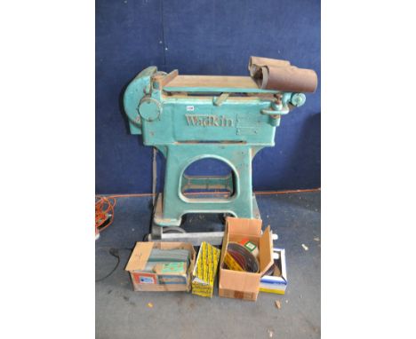 A VINTAGE WADKINS BELT SANDER/LINISHER belt driven but no motor attached, 9in wide belt, length 90cm depth 54cm height 85cm (