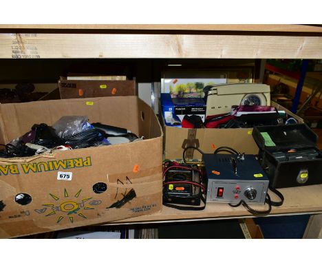 THREE BOXES AND LOOSE ELECTRICAL PARTS, PICTURES, ETC, including a Junius Electronic Pyrograph Series 3, a digital multimeter