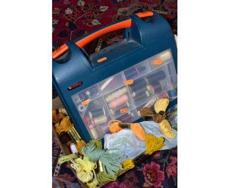 A BOX OF TAPESTRY WOOLS AND OTHER SEWING SUPPLIES, to include a quantity of Anchor and other branded tapestry wools in many c