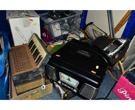 THREE BOXES AND LOOSE ACCORDIAN, ELECTRICAL, FISHING AND SUNDRY ITEMS, to include a Hohner Carmen 1 accordion in need of some