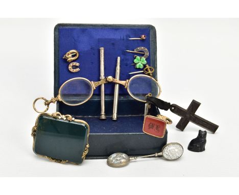 A BOX OF ASSORTED ITEMS, to include six early 20th century stick pins, a large AF bloodstone brooch, a pair of lorgnette oper