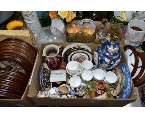 FOUR BOXES AND LOOSE CERAMICS AND GLASS ETC, to include Tuscan China part tea set for six, Colclough 'Hedgerow' tea wares, si