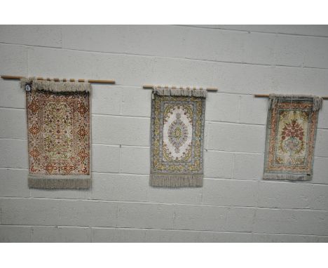 THREE SMALL 20TH CENTURY SILK TAPESTRIES, of various patterns and colours, largest tapestry 47.5cm x 75cm
