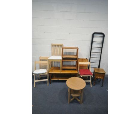 A SELECTION OF OCCASIONAL FURNITURE, to include ladderax type modular bookcase, a pine coffee table , four folding beech chai