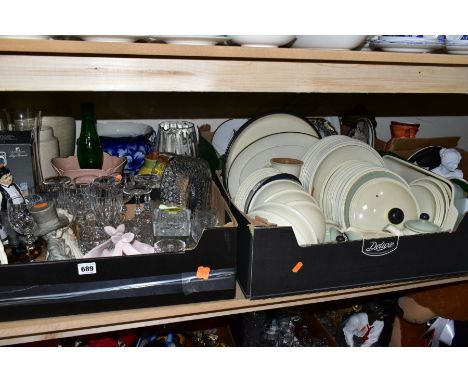 FOUR BOXES AND LOOSE CERAMICS AND GLASSWARES, to include a thirty eight piece Denby Energy dinner service in various colourwa