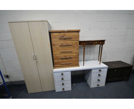 A WHITE VENEER DESK WITH TWO BANKS OF FOUR DRAWERS, length 153cm x depth 52cm x height 70cm a pine chest of five drawers, a t