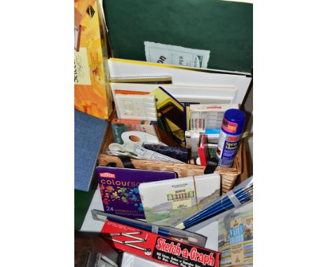 A HAMPER OF ART SUPPLIES, to include a small lightweight wooden easel, tins of Derwent watercolour and coloured pencils, Bero