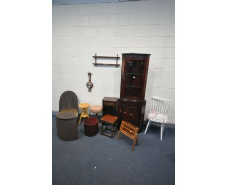 A SELECTION OF OCCASIONAL FURNITURE, to include a mid-century teak magazine rack, Lloyd loom wicker bedroom chair and corner 