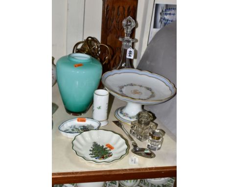 A GEORGE III SILVER FIDDLE PATTERN TABLESPOON AND A GROUP OF GLASS, CERAMICS, ETC, including two late Victorian glass inkwell