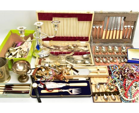 CASED SETS OF CUTLERY, LOOSE CUTLERY AND COSTUME JEWELLERY, to include a cased canteen of cutlery six placement setting, a ca